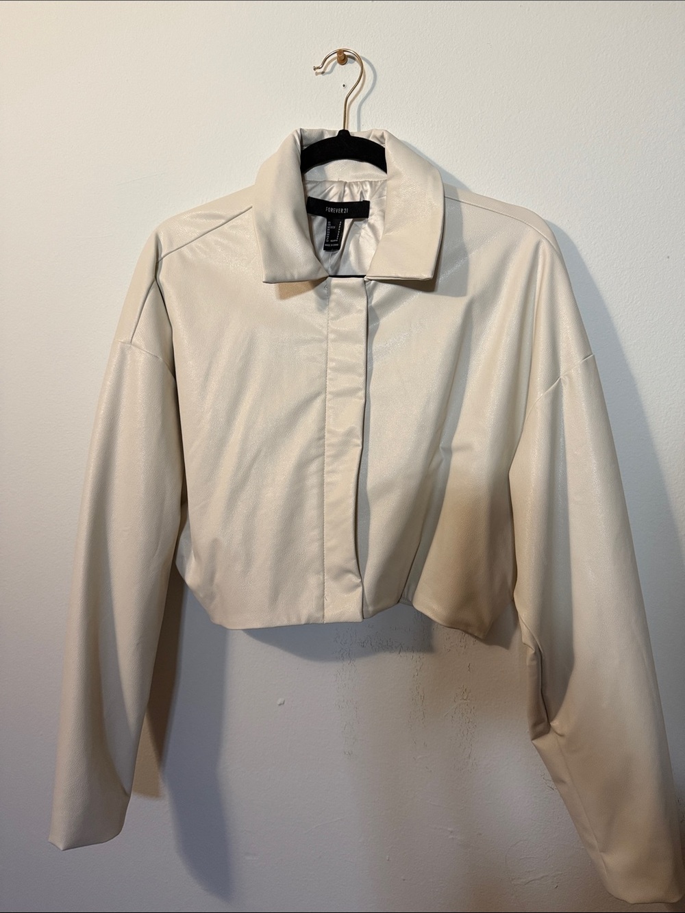 Forever 21 Cream Cropped Faux-Leather Jacket